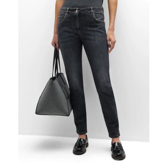 Brunello Cucinelli Black Jeans Distressed Skinny Denim Monili Trim IT 46 USA 10 - Picture 1 of 11